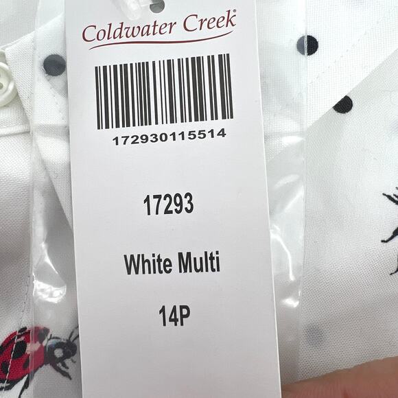 Coldwater Creek 100% Cotton White with Ladybug Print Button Up Blouse 14P NWT - Picture 6 of 9